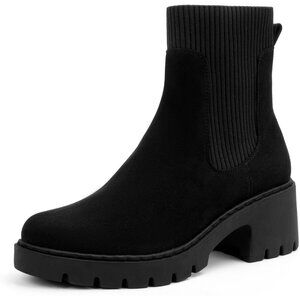 Women's Black Suede Platform Chelsea Boots Lug Sole Chunky Heel Zipper Slip On